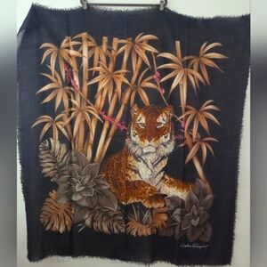 Salvatore Ferragamo Vintage 80's Tropical Jungle Tiger Scarf Wrap 50"x55"